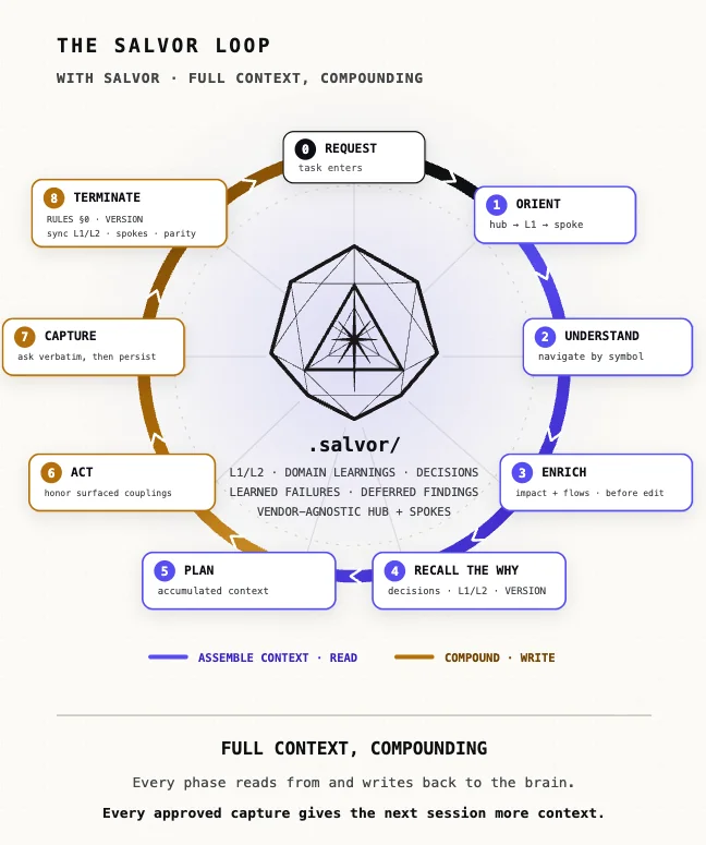 The Salvor loop: every phase reads from and writes back to the brain.